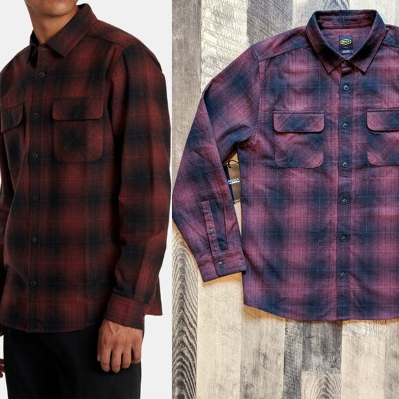 RVCA Dayshift Cotton Flannel Shirt Red Black Plaid Button Down - Picture 1 of 7
